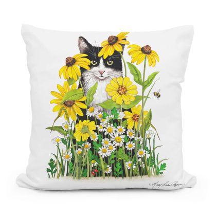 Multi colored outdoor pillow crafted by the artisans of Magnolia Casual called the Outdoor Pillow Cat with Daisies 18x18 featuring quality outdoor fabric shown against a clean backdrop featuring with a cat motif.