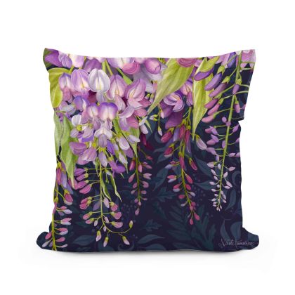 Multi colored outdoor pillow crafted by the artisans of Magnolia Casual called the Outdoor Pillow Midnight Garden Wisteria 18x18 featuring handwoven textile shown against a clean backdrop.