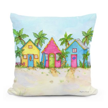 Multi colored outdoor pillow crafted by the artisans of Magnolia Casual called the Outdoor Pillow Colorful Beach Cottages 18x18 featuring quality outdoor fabric, eco friendly shown against a clean backdrop.