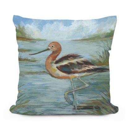 Multi colored outdoor pillow crafted by the artisans of Magnolia Casual called the Outdoor Pillow Avocet Bird in Water 18x18 featuring quality outdoor fabric, natural materials shown against a clean backdrop featuring with a bird motif.