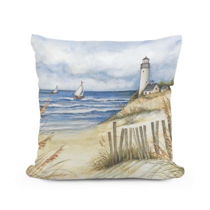 Multi colored outdoor pillow crafted by the artisans of Magnolia Casual called the Outdoor Pillow Beach and Lighthouse 18x18 featuring quality outdoor fabric shown against a clean backdrop.