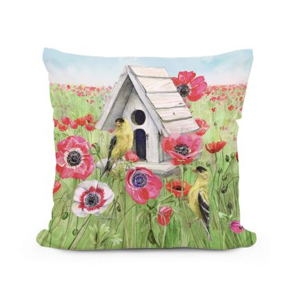 Yellow outdoor pillow crafted by the artisans of Magnolia Casual called the Outdoor Pillow Yellow Birds and Poppy Field 18x18 featuring handwoven textile shown against a clean backdrop featuring shades of yellow.