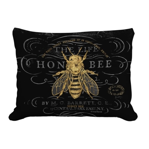 Multi colored outdoor pillow crafted by the artisans of Magnolia Casual called the Outdoor Pillow Vintage Bee 13x18 featuring 100 percent weather resistant fabric, weather resistant polyester fabric shown against a clean backdrop featuring with a bee motif.