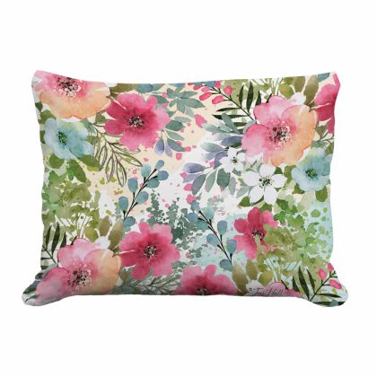 Multi colored outdoor pillow crafted by the artisans of Magnolia Casual called the Outdoor Pillow Meadow Dance 1 13x18 featuring 100 percent weather resistant fabric shown against a clean backdrop.