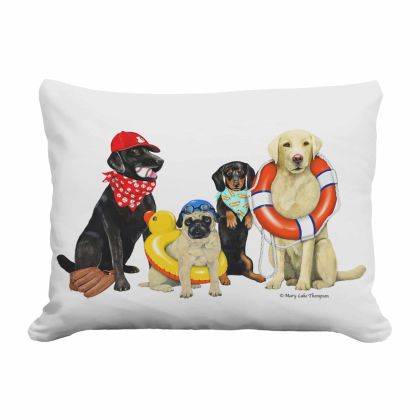 Multi colored outdoor pillow crafted by the artisans of Magnolia Casual called the Outdoor Pillow Dogs of Summer 13x18 featuring quality outdoor fabric shown against a clean backdrop.