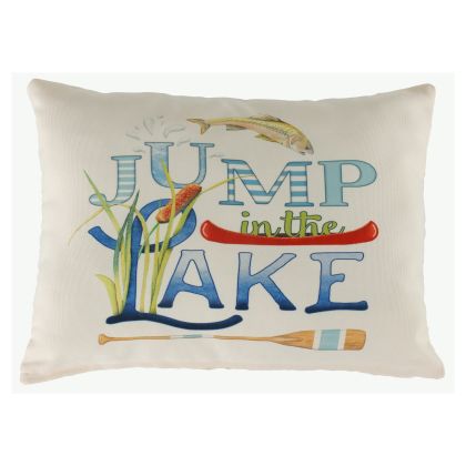 Multi colored outdoor pillow crafted by the artisans of Magnolia Casual called the Outdoor Pillow Jump in Lake 13x18 featuring quality outdoor fabric shown against a clean backdrop.