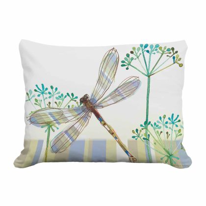 Multi colored outdoor pillow crafted by the artisans of Magnolia Casual called the Outdoor Pillow Dragonfly Wisp 13x18 featuring quality outdoor fabric shown against a clean backdrop featuring with a dragonfly motif.