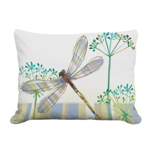 Multi colored outdoor pillow crafted by the artisans of Magnolia Casual called the Outdoor Pillow Dragonfly Wisp 13x18 featuring quality outdoor fabric shown against a clean backdrop featuring with a dragonfly motif.