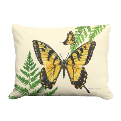 Multi colored outdoor pillow crafted by the artisans of Magnolia Casual called the Outdoor Pillow Beautiful Butterfly 13x18 featuring quality outdoor fabric shown against a clean backdrop featuring with a butterfly motif.