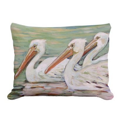 Multi colored outdoor pillow crafted by the artisans of Magnolia Casual called the Outdoor Pillow 3 Pelicans Swimming 13x18 featuring quality outdoor fabric shown against a clean backdrop.
