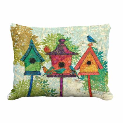 Multi colored outdoor pillow crafted by the artisans of Magnolia Casual called the Outdoor Pillow 3 Birdhouses 13x18 featuring quality outdoor fabric shown against a clean backdrop.