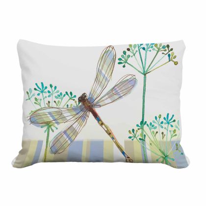 Multi colored outdoor pillow crafted by the artisans of Magnolia Casual called the Outdoor Pillow Dragonfly Wisp 19x24 featuring quality outdoor fabric shown against a clean backdrop featuring with a dragonfly motif.
