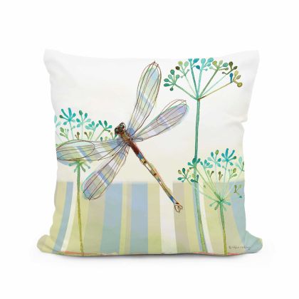 Multi colored outdoor pillow crafted by the artisans of Magnolia Casual called the Outdoor Pillow Dragonfly Wisp 18x18 featuring quality outdoor fabric shown against a clean backdrop featuring with a dragonfly motif.