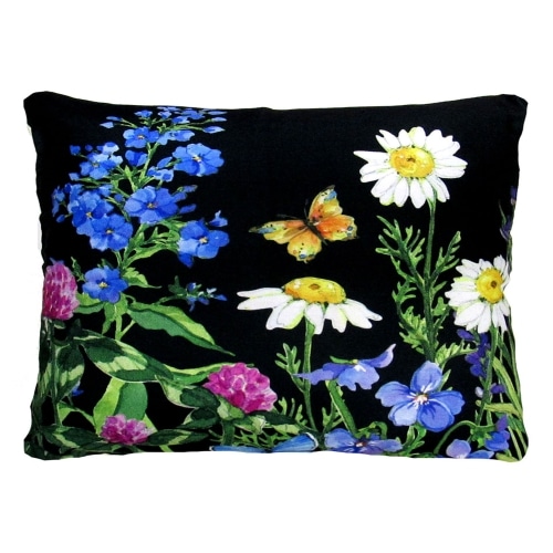 Multi colored outdoor pillow crafted by the artisans of Magnolia Casual called the Outdoor Pillow Garden Meadow 2 featuring handwoven textile shown against a clean backdrop.