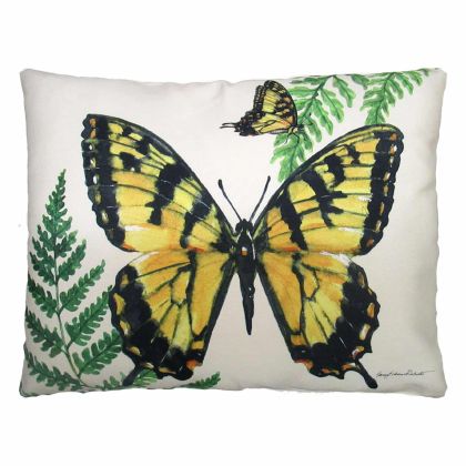 Multi colored outdoor pillow crafted by the artisans of Magnolia Casual called the Outdoor Pillow Beautiful Butterfly 19x24 featuring quality outdoor fabric shown against a clean backdrop featuring with a butterfly motif.