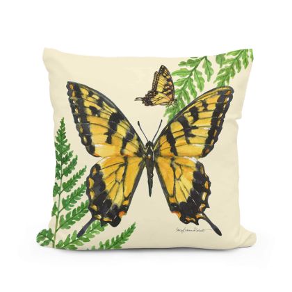 Multi colored outdoor pillow crafted by the artisans of Magnolia Casual called the Outdoor Pillow Beautiful Butterfly 18x18 featuring quality outdoor fabric shown against a clean backdrop featuring with a butterfly motif.