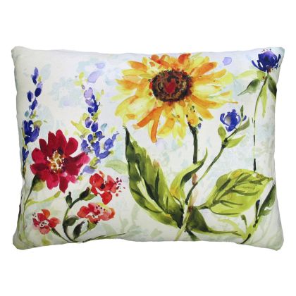 Multi colored outdoor pillow crafted by the artisans of Magnolia Casual called the Outdoor Pillow Sunflower Field 19x24 featuring handwoven textile shown against a clean backdrop featuring with a sunflower motif.