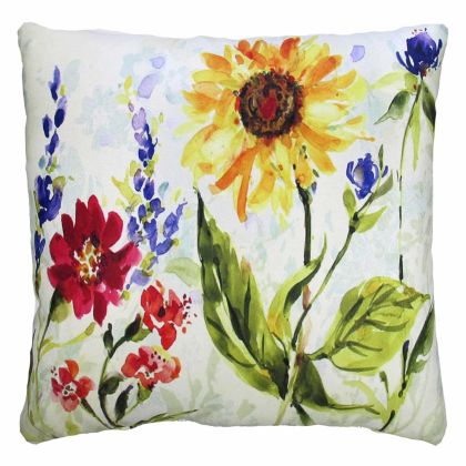 Multi colored outdoor pillow crafted by the artisans of Magnolia Casual called the Outdoor Pillow Sunflower Field 18X18 featuring handwoven textile shown against a clean backdrop featuring with a sunflower motif.