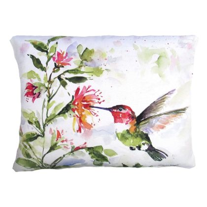 Multi colored outdoor pillow crafted by the artisans of Magnolia Casual called the Outdoor Pillow Hummer w/Hanging Plant 2 19x24 featuring quality outdoor fabric shown against a clean backdrop.