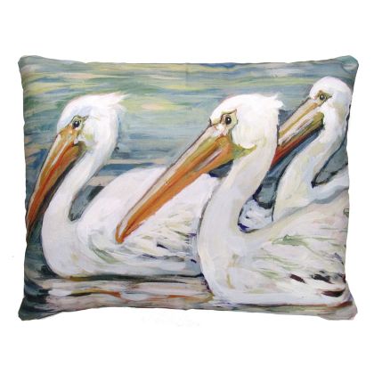 Multi colored outdoor pillow crafted by the artisans of Magnolia Casual called the Outdoor Pillow 3 Pelicans Swimming 19x24 featuring quality outdoor fabric shown against a clean backdrop.