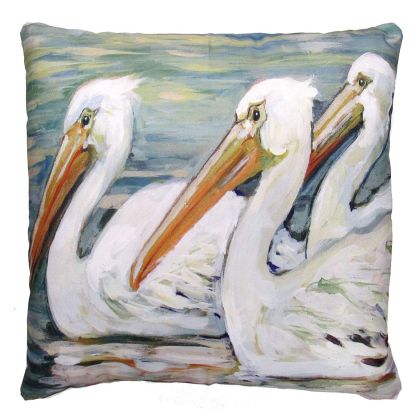 Multi colored outdoor pillow crafted by the artisans of Magnolia Casual called the Outdoor Pillow 3 Pelicans Swimming 18x18 featuring quality outdoor fabric shown against a clean backdrop.