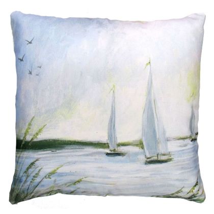 Multi colored outdoor pillow crafted by the artisans of Magnolia Casual called the Outdoor Pillow Sailboats 18x18 featuring quality outdoor fabric shown against a clean backdrop.