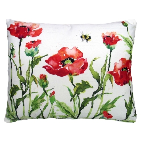 Multi colored outdoor pillow crafted by the artisans of Magnolia Casual called the Outdoor Pillow Poppies and Bee 19x24 featuring handwoven textile shown against a clean backdrop featuring with a bee motif.
