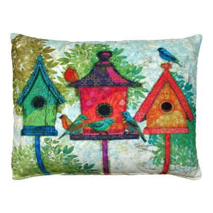 Multi colored outdoor pillow crafted by the artisans of Magnolia Casual called the Outdoor Pillow 3 Birdhouses 19x24 featuring quality outdoor fabric shown against a clean backdrop.