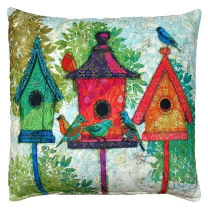 Multi colored outdoor pillow crafted by the artisans of Magnolia Casual called the Outdoor Pillow 3 Birdhouses 18x18 featuring quality outdoor fabric shown against a clean backdrop.