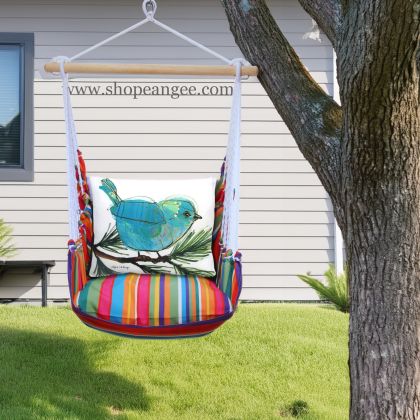 In a sunlit patio lounge a blue outdoor swing crafted by the artisans of Magnolia Casual called the Swing Set 4 piece Le Jardin Stripe w/ Blue Bird on Branch is displayed featuring 100 percent weather resistant fabric, weather resistant polyester fabric, handcrafted adding comfort and style to the space featuring with a stripe motif and shades of blue.