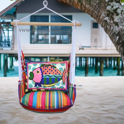 In a poolside chaise a multi colored outdoor swing crafted by the artisans of Magnolia Casual called the Swing Set 4 piece Le Jardin Stripe w/ Fish is displayed featuring 100 percent weather resistant fabric, weather resistant polyester fabric, handcrafted adding comfort and style to the space featuring with a stripe motif.