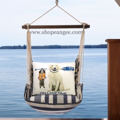 In a shaded porch swing a multi colored outdoor swing crafted by the artisans of Magnolia Casual called the Swing Set 4 piece Marina Stripe w/ Lake Time is displayed featuring 100 percent weather resistant fabric, weather resistant polyester fabric, handcrafted adding comfort and style to the space featuring with a stripe motif.