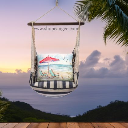 In a coastal inspired deck chair a teal outdoor swing crafted by the artisans of Magnolia Casual called the Swing Set 4 piece Marina Stripe w/ Teal Beach Chairs is displayed featuring 100 percent weather resistant fabric, weather resistant polyester fabric, handcrafted adding comfort and style to the space featuring with a stripe motif and shades of teal.