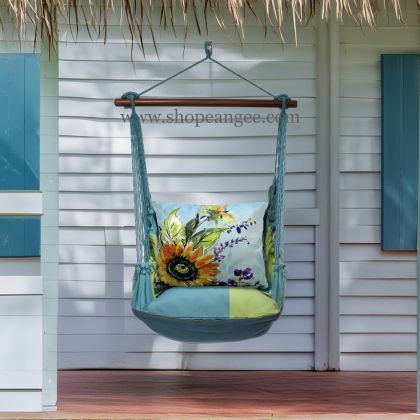 In a coastal inspired deck chair a teal outdoor swing crafted by the artisans of Magnolia Casual called the Swing Set 4 piece Meadow Mist Stripe w/ Sunflowers on Teal 2 is displayed featuring 100 percent weather resistant fabric, weather resistant polyester fabric, handcrafted, natural materials adding comfort and style to the space featuring with a stripe motif and shades of teal.