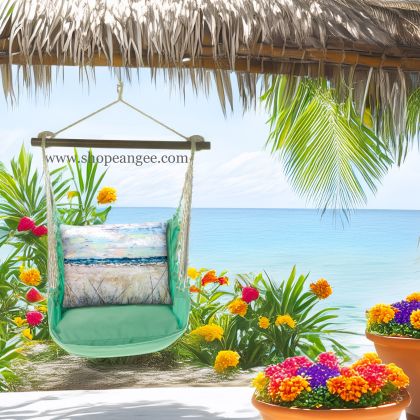 In a sunlit patio lounge a green outdoor swing crafted by the artisans of Magnolia Casual called the Swing Set 4 piece Seafoam Green Solid w/ Coastal Landscape 2 is displayed featuring 100 percent weather resistant fabric, weather resistant polyester fabric, handcrafted adding comfort and style to the space featuring shades of green.