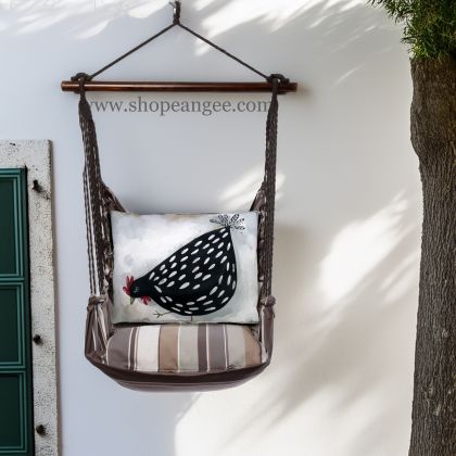 In a sunlit patio lounge a gray outdoor swing crafted by the artisans of Magnolia Casual called the Swing Set 4 piece Slate Gray Stripe w/ Good Chick is displayed featuring 100 percent weather resistant fabric, weather resistant polyester fabric, handcrafted adding comfort and style to the space featuring with a stripe motif and shades of gray.