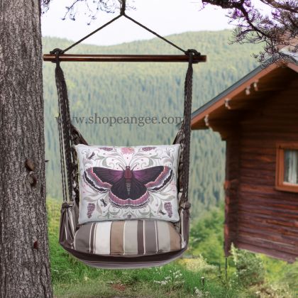 In a coastal inspired deck chair a gray outdoor swing crafted by the artisans of Magnolia Casual called the Swing Set 4 piece Slate Gray Stripe w/ Mauve Butterfly is displayed featuring 100 percent weather resistant fabric, weather resistant polyester fabric, handcrafted adding comfort and style to the space featuring with a stripe motif and shades of gray.