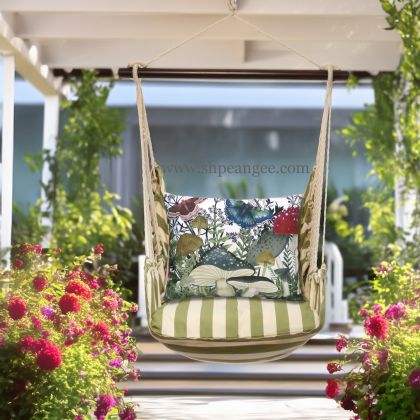 In a sunlit patio lounge a multi colored outdoor swing crafted by the artisans of Magnolia Casual called the Swing Set 4 piece Summer Palms Stripe w/ Botanical Mushrooms 2 is displayed featuring 100 percent weather resistant fabric, weather resistant polyester fabric, handcrafted adding comfort and style to the space featuring with a stripe motif.