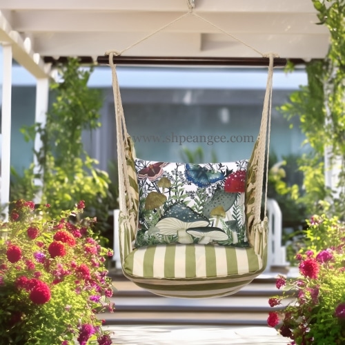 In a sunlit patio lounge a multi colored outdoor swing crafted by the artisans of Magnolia Casual called the Swing Set 4 piece Summer Palms Stripe w/ Botanical Mushrooms 2 is displayed featuring 100 percent weather resistant fabric, weather resistant polyester fabric, handcrafted adding comfort and style to the space featuring with a stripe motif.