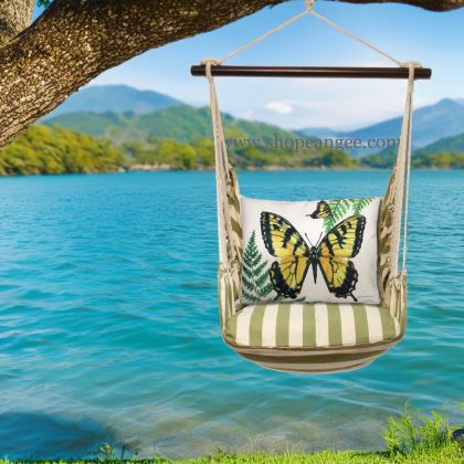 In a shaded porch swing a multi colored outdoor swing crafted by the artisans of Magnolia Casual called the Swing Set 4 piece Summer Palms Stripe w/ Beautiful Butterfly is displayed featuring 100 percent weather resistant fabric, weather resistant polyester fabric, handcrafted adding comfort and style to the space featuring with a stripe motif.