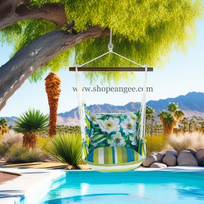 In a cozy garden seating area a white outdoor swing crafted by the artisans of Magnolia Casual called the Swing Set 4 piece Beach Boulevard Stripe w/ White Anemone Flowers is displayed featuring 100 percent weather resistant fabric, weather resistant polyester fabric adding comfort and style to the space featuring with a stripe motif and shades of white.