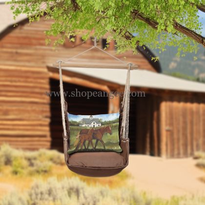 In a sunlit patio lounge a brown outdoor swing crafted by the artisans of Magnolia Casual called the Swing Set 4 piece Chocolate Solid w/ Brown Horses is displayed featuring 100 percent weather resistant fabric, weather resistant polyester fabric, artisan, natural materials adding comfort and style to the space featuring shades of brown.