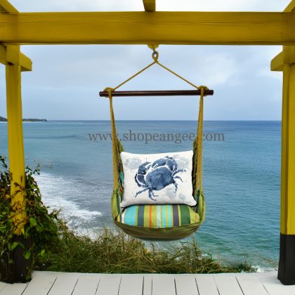 In a sunlit patio lounge a multi colored outdoor swing crafted by the artisans of Magnolia Casual called the Swing Set 4 piece Citrus Stripe w/ Indigo Crab is displayed featuring 100 percent weather resistant fabric, weather resistant polyester fabric, handcrafted adding comfort and style to the space featuring with a stripe motif.