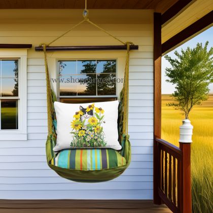 In a sunlit patio lounge a multi colored outdoor swing crafted by the artisans of Magnolia Casual called the Swing Set 4 piece Citrus Stripe w/ Cat with Daisies is displayed featuring 100 percent weather resistant fabric, weather resistant polyester fabric, handcrafted adding comfort and style to the space featuring with a stripe motif.