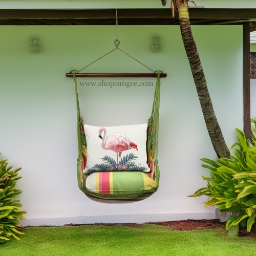In a coastal inspired deck chair a white outdoor swing crafted by the artisans of Magnolia Casual called the Swing Set 4 piece Fresh Lime Stripe w/ Vivid Flamingo White is displayed featuring 100 percent weather resistant fabric, weather resistant polyester fabric, handcrafted adding comfort and style to the space featuring with a stripe motif and shades of lime and white.