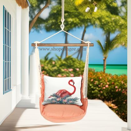 In a poolside chaise a pink outdoor swing crafted by the artisans of Magnolia Casual called the Swing Set 4 piece Living Coral w/ Vivid Flamingo Pink is displayed featuring 100 percent weather resistant fabric, weather resistant polyester fabric, handcrafted adding comfort and style to the space featuring with a coral motif and shades of coral and pink.