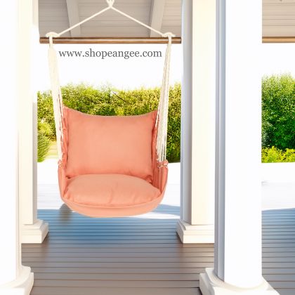 In a coastal inspired deck chair a multi colored outdoor swing crafted by the artisans of Magnolia Casual called the Swing Set 4 piece Living Coral w/ Living Coral is displayed featuring 100 percent weather resistant fabric, weather resistant polyester fabric, handcrafted adding comfort and style to the space featuring with a coral motif and shades of coral.
