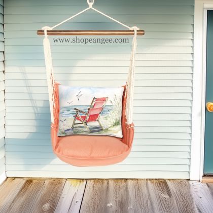 In a sunlit patio lounge a red outdoor swing crafted by the artisans of Magnolia Casual called the Swing Set 4 piece Living Coral w/ Red Beach Chair is displayed featuring 100 percent weather resistant fabric, weather resistant polyester fabric, handcrafted adding comfort and style to the space featuring with a coral motif and shades of coral and red.