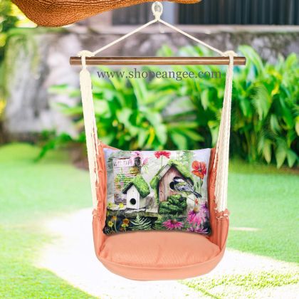 In a poolside chaise a multi colored outdoor swing crafted by the artisans of Magnolia Casual called the Swing Set 4 piece Living Coral w/ Garden Birdhouses is displayed featuring 100 percent weather resistant fabric, weather resistant polyester fabric, handcrafted adding comfort and style to the space featuring with a coral motif and shades of coral.