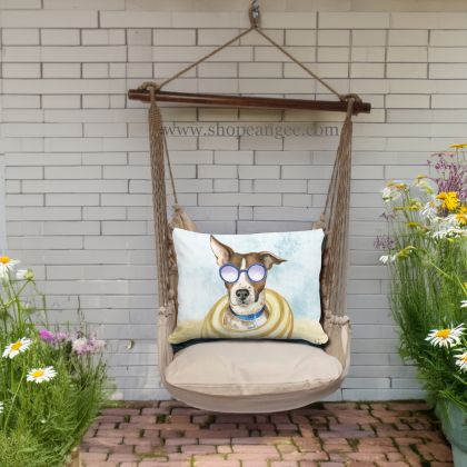 In a sunlit patio lounge a multi colored outdoor swing crafted by the artisans of Magnolia Casual called the Swing Set 4 piece Latte Solid w/ Cool Dog is displayed featuring 100 percent weather resistant fabric, weather resistant polyester fabric, handcrafted adding comfort and style to the space featuring with a dog motif.